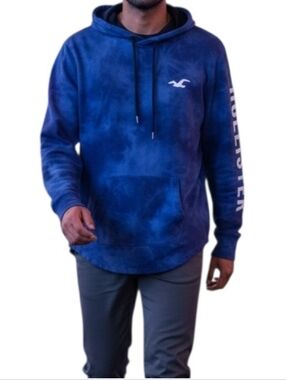 Hollister Men's Deep Blue Tie-Dye Pullover Hoodie Size Medium